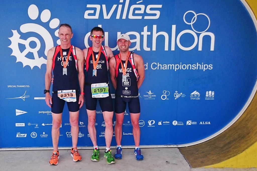 (L to R): Gerry Hyde, myself and Adam Madge, having completed the 2016 ITU World Duathlon Championships.